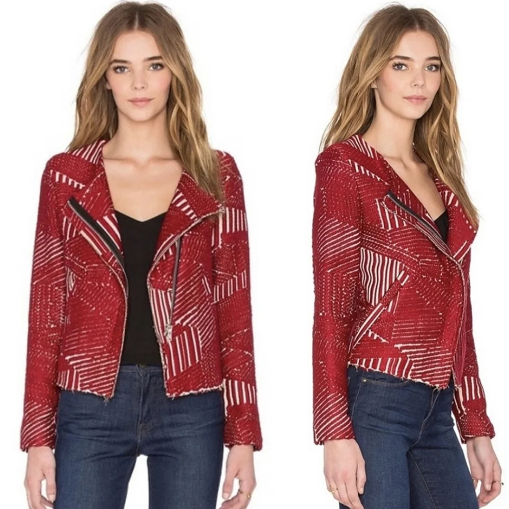 IRO Red Geometric Tweed Boucle Moto Jacket Raw Egde